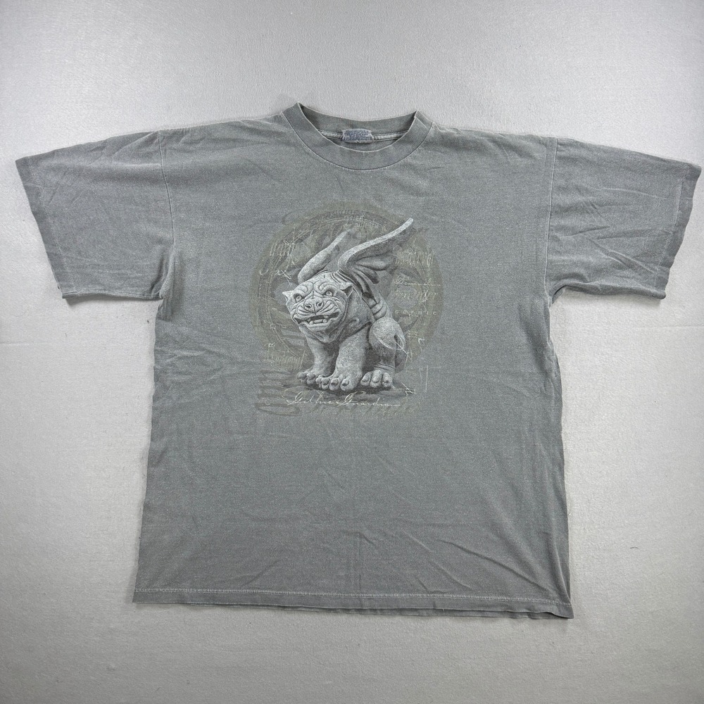 Vintage Gargoyle Gothic Guardian T-Shirt Mens XL Gray Graphic Tee Medieval USA